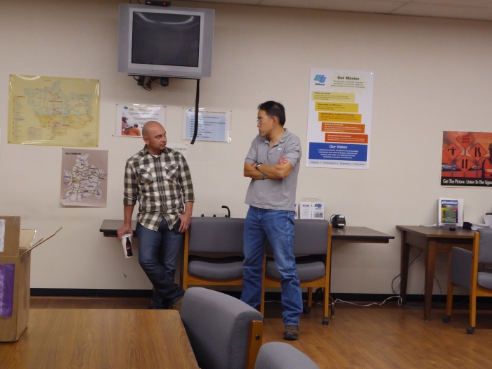 Sam Campos, Caltrans District 6, and Steven Gee, Caltrans District 5, network and discuss Rural ITS during a break. Sam Campos, Caltrans District 6, and Steven Gee, Caltrans District 5, network and discuss Rural ITS during a break.