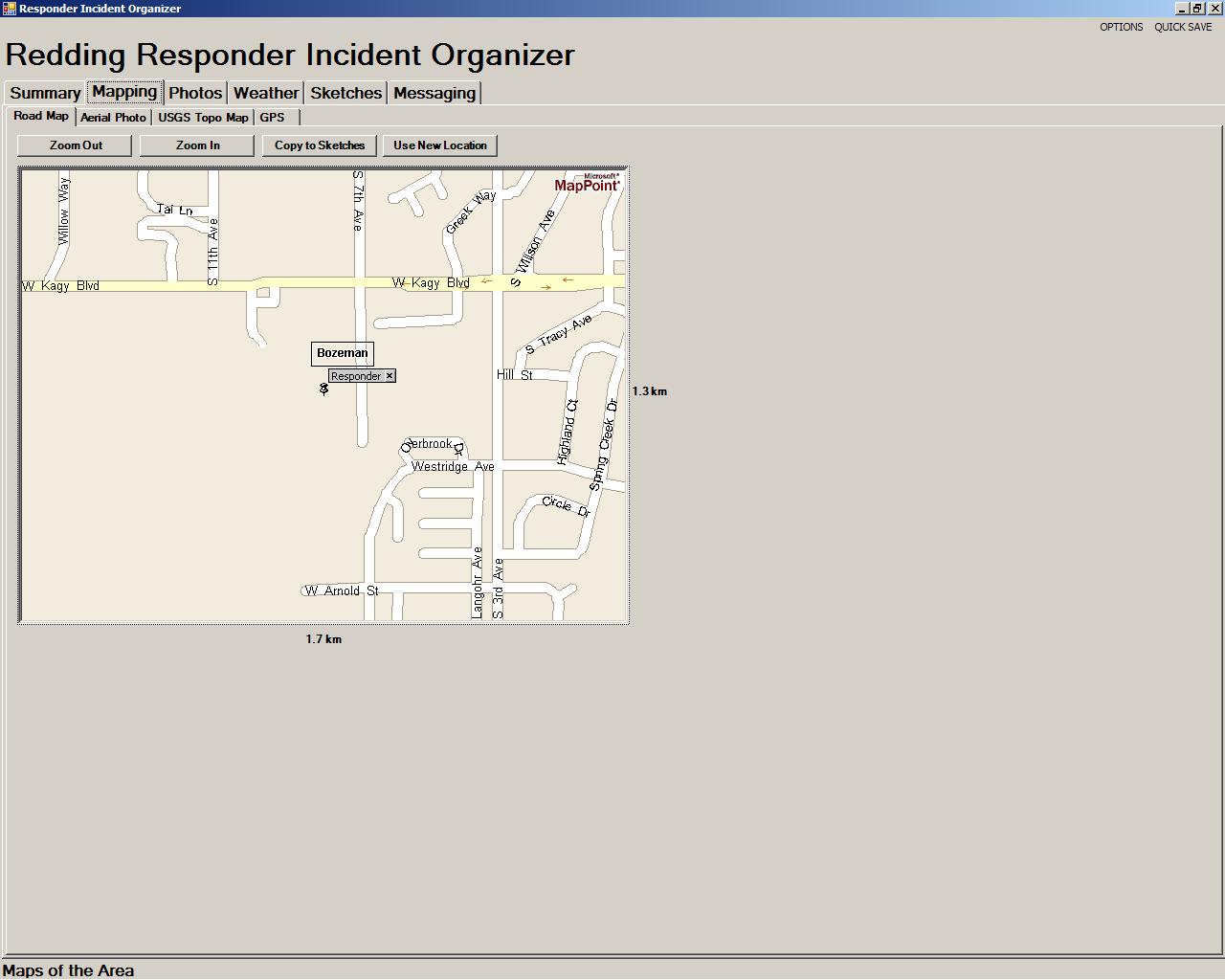 Responder software screenshot: The mapping tab shows street maps, aerial photos or topographical maps of the surrounding area.