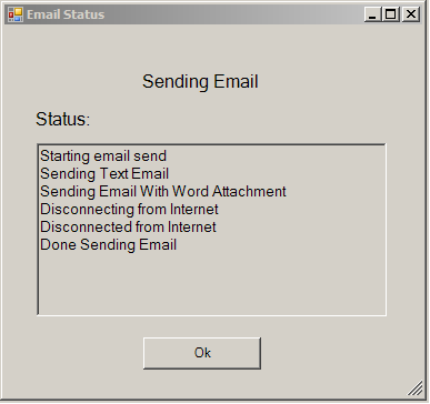 Sending Email status window. Sending Email status window.