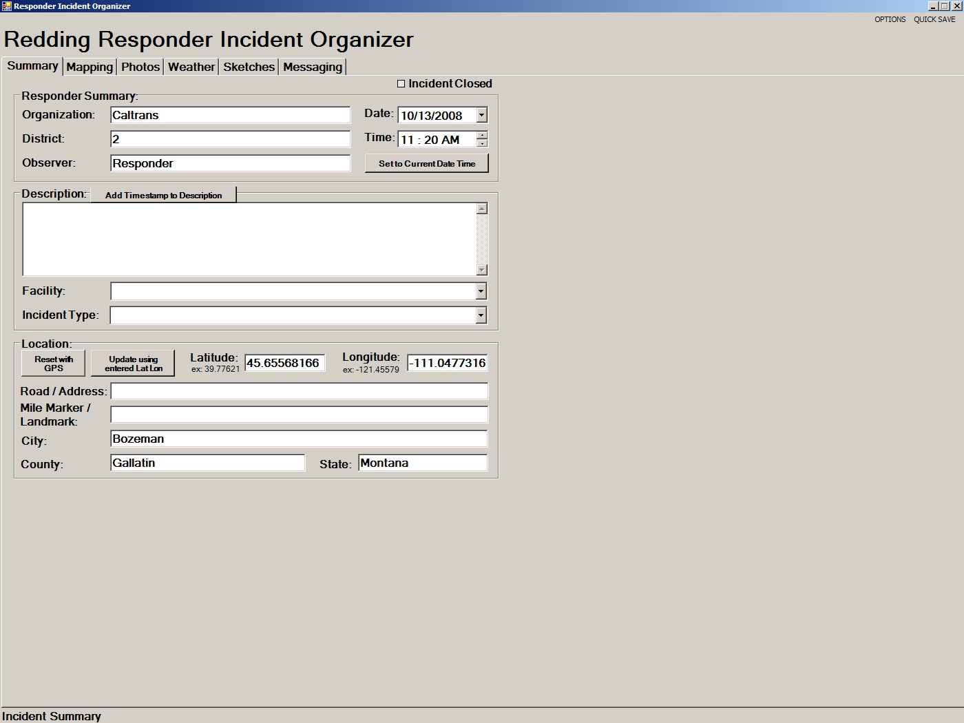 Responder software screenshot: Incident Organizer summary tab.