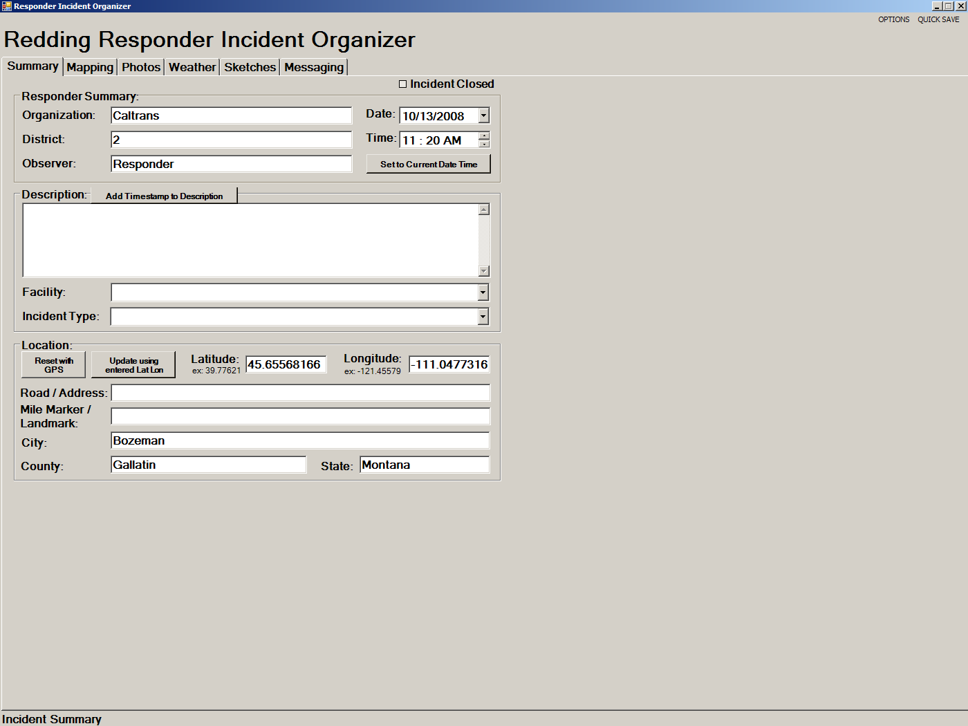 Responder software screenshot: Incident Organizer summary tab. Responder software screenshot: Incident Organizer summary tab.