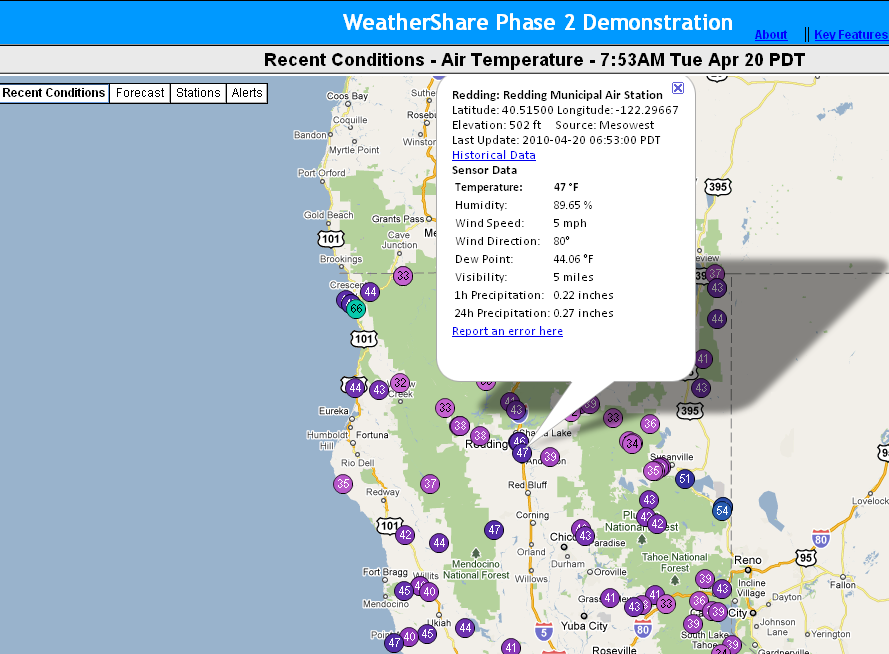 WeatherShare screenshot: Users can select individual stations to get additional information about that area. Shown here is extra detail about the weather at the Redding Municipal Air Station.