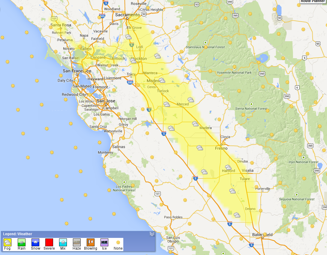 Yellow shaded areas represent NWS fog advisories in the Fresno and San Francisco Bay areas for the Friday morning commute. Yellow shaded areas represent NWS fog advisories in the Fresno and San Francisco Bay areas for the Friday morning commute.