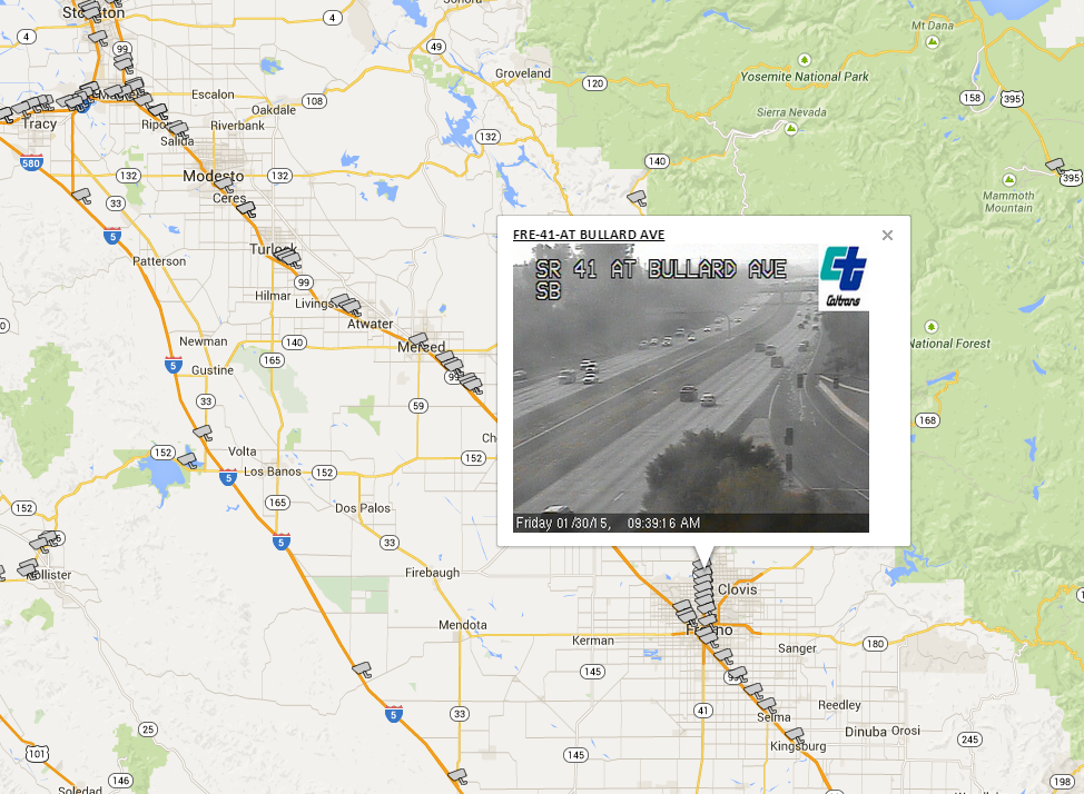 Fog along SR 41 near Fresno is visible from a Caltrans CCTV camera.