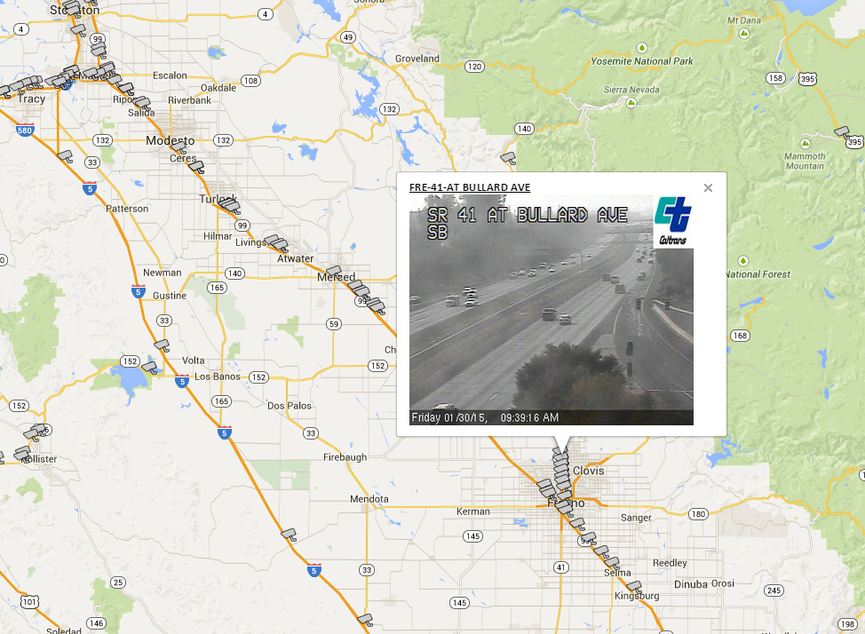 Fog along SR 41 near Fresno is visible from a Caltrans CCTV camera. Fog along SR 41 near Fresno is visible from a Caltrans CCTV camera.