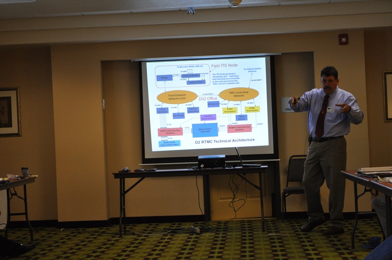 At the 2012 Forum, Ian Turnbull shows a detailed block diagram as he explains the technical architecture behind Caltrans District 2’s Rural TMC in Redding.