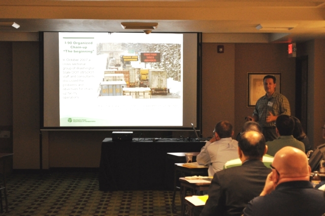 James Todd Daley, WSDOT, describes the conditions that existed prior to the organized chain up system’s implementation. James Todd Daley, WSDOT, describes the conditions that existed prior to the organized chain up system’s implementation.