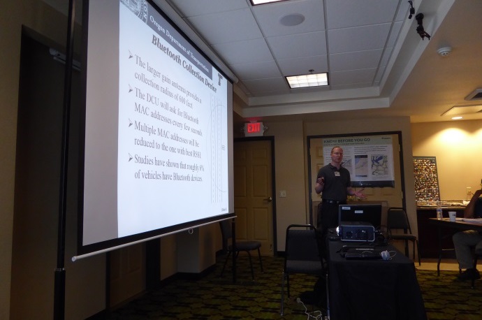 Blaine Van Dyke describes the Bluetooth collection devices used with the work zone trailers. Blaine Van Dyke describes the Bluetooth collection devices used with the work zone trailers.