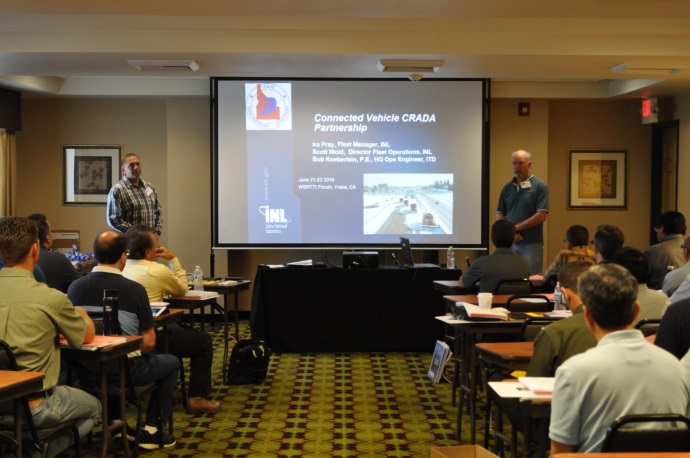 Ira Pray (left) and Bob Koeberlein (right) provide some background on the connected vehicle CRADA partnership between the Idaho National Laboratory and the Idaho Transportation Department, among other agencies/groups. Ira Pray (left) and Bob Koeberlein (right) provide some background on the connected vehicle CRADA partnership between the Idaho National Laboratory and the Idaho Transportation Department, among other agencies/groups.