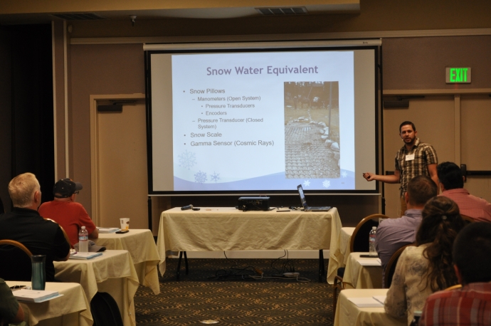 Bryan Prestel, California Department of Water Resources, describes the sensors and equipment used for measuring the snow water equivalent. Bryan Prestel, California Department of Water Resources, describes the sensors and equipment used for measuring the snow water equivalent.