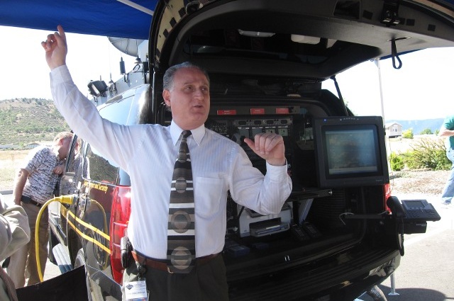 John Batarseh points to the satellite dish mounted on the roof of the RRV as he demonstrates the RRV’s capabilities. John Batarseh points to the satellite dish mounted on the roof of the RRV as he demonstrates the RRV’s capabilities.