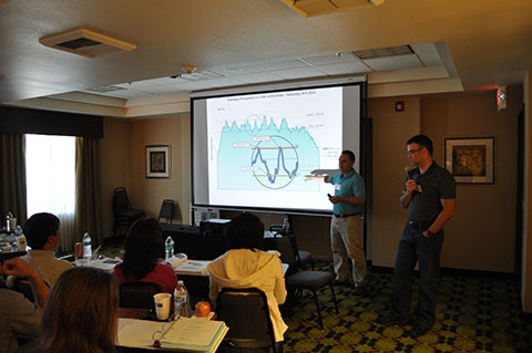 Oregon DOT engineers Dennis Mitchell and Doug Spencer teamed up to present the Multnomah Falls Parking Management System. Here, Dennis is discussing some of the operational impacts of the system (parking occupancy vs. gate activations).