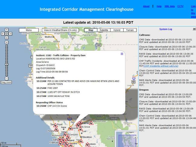 ICM Website Screenshot: Incident/accident data from CHP is available too. Here we see a number of incidents further south. ICM Website Screenshot: Incident/accident data from CHP is available too. Here we see a number of incidents further south.