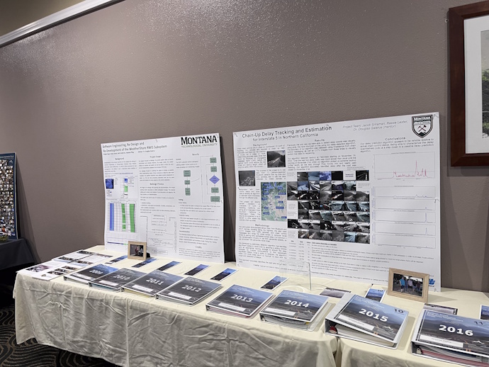 On a table: two large technical posters, Forum three ring binders from 2009 to 2016, brochures.